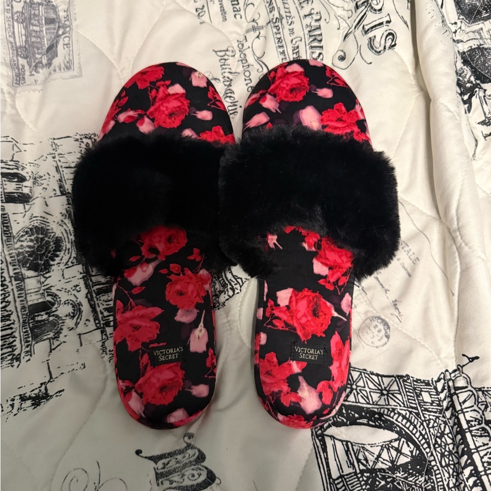 Victoria's Secret Floral Black and Red Slippers